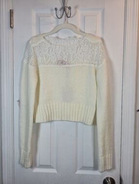 Raissa Ivory White Lace Yoke Knit Cropped Sweater Cottagecore Coquette Size M
